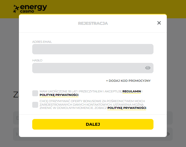 Rejestracja w kasynie Energy