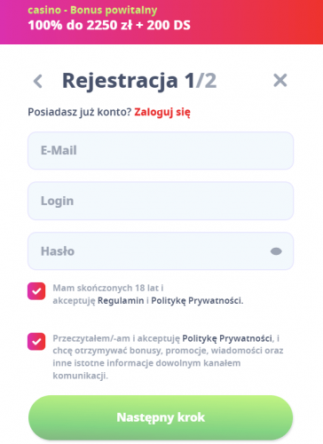 Rejestracja w Casino Infinity