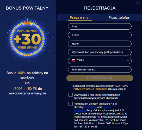 Rejestracja w SpinBetter